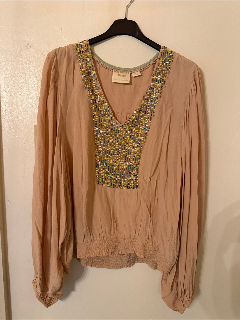 Anthropologie Blush Beaded V-Neck Long Sleeve Blouse